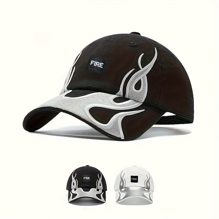 Gorra de béisbol unisex urbana con diseño de llamas y logo WASAC, ligera en contraste negro/blanco, para moda casual