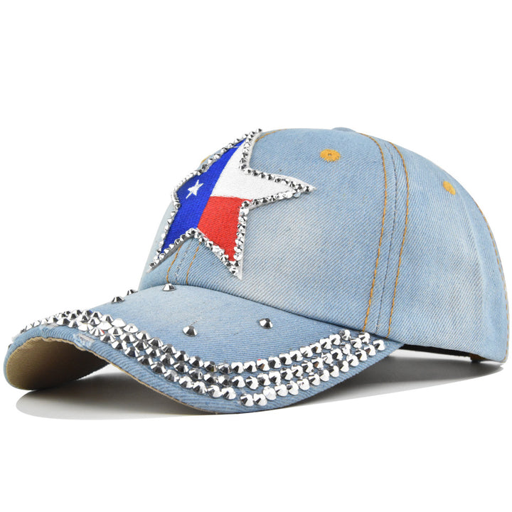 Gorra de béisbol para mujer con la bandera de Texas, estrella de cinco puntas y diamantes - Cierre ajustable con visera, diseño brillante, sombrero de vaquero de lujo para outfits diarios, eventos temáticos y orgullo texano (Negro, Blanco, Azul, Rosa, Mar
