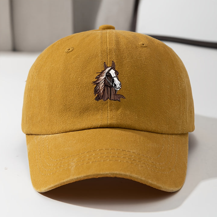 Gorra de béisbol retro lavada ligera para jóvenes con logotipo de cabeza de caballo - Ajuste elástico, cierre de clic, lavable en máquina, gorra casual para todas las estaciones y Ramadán para niños y niñas, accesorio versátil para jóvenes, juguetón, ropa