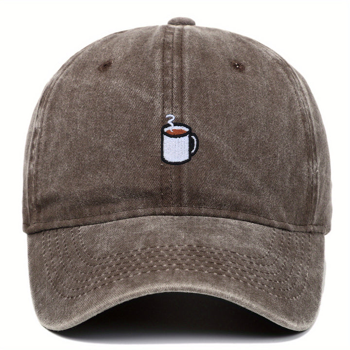 Gorra de béisbol ajustable de tela con bordado de café - Ligera, transpirable, cierre de botón, estilo urbano para hombres y mujeres