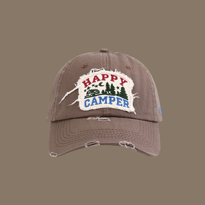 Gorra de Béisbol Happy Camper con Parches - Ajustable con Cierre Snapback, Poliéster Ligero, Diseño Desgastado con Gráficos de Bosque y Fuego de Camping, Ropa Casual Unisex para Aficionados al Exterior