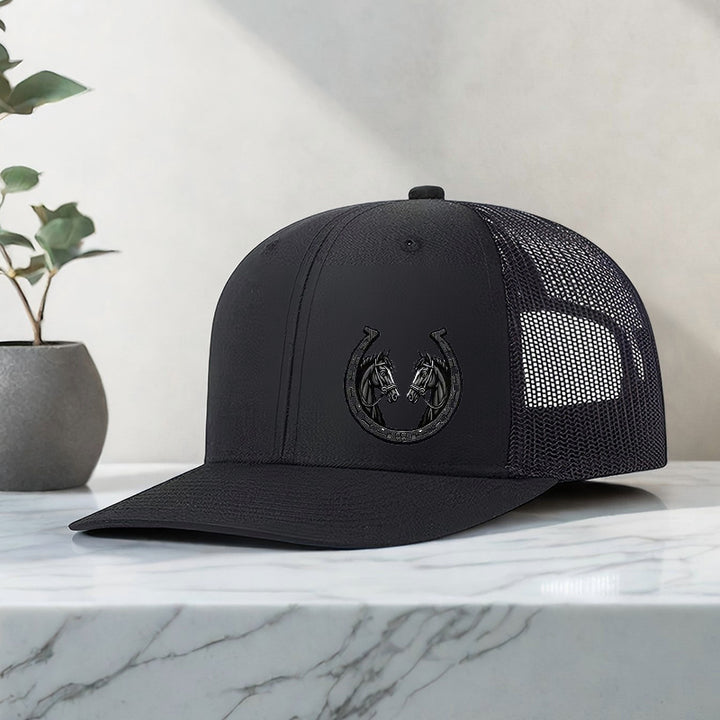 Gorra de béisbol negra para hombre con estampado de herradura de caballo doble, transpirable y ajustable, diseño ligero y duradero, ideal para deportes al aire libre y uso casual | Gorra ajustable | Tela de malla transpirable