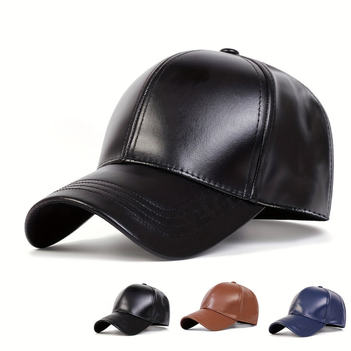 Gorra de béisbol de cuero sintético para hombre - ajustable con cierre de clic, cálida y elegante para viajes de otoño/invierno, fiestas en la playa y salidas informales, opciones en negro, marrón, azul marino, ropa de cabeza de invierno | Gorra de est...