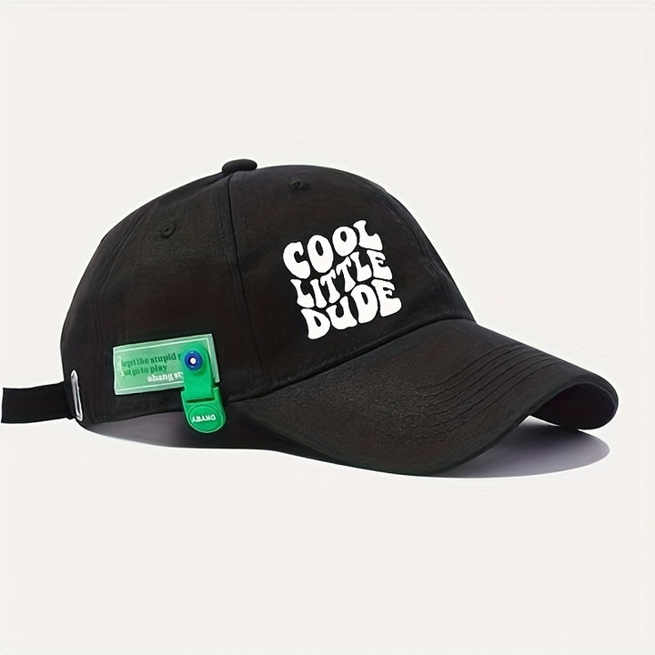 Gorra de béisbol negra con bordado 'COOL LITTLE DUDE' - Poliéster ligero, estilo casual, lavable a mano, tejido no elástico, ideal para hombres y mujeres, ropa de diario | Gorra de estilo casual | Sombrero ligero