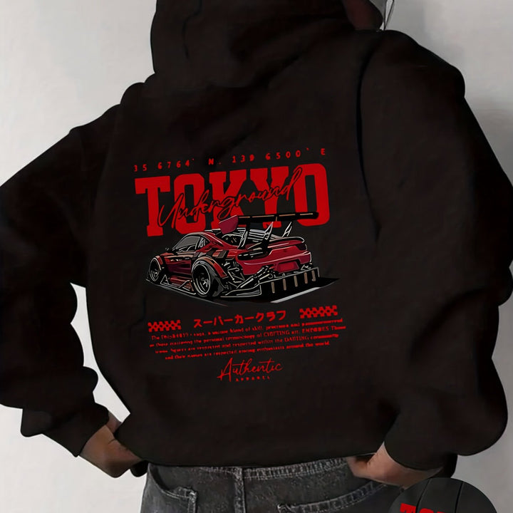 Sudadera con capucha para hombre con gráfico de coche de carreras japonés - Texto japonés y diseño de carreras con estampado rojo y de coche de carreras, suave sudadera casual con bolsillos, amantes del streetwear, ropa unisex, material cómodo, moda stree