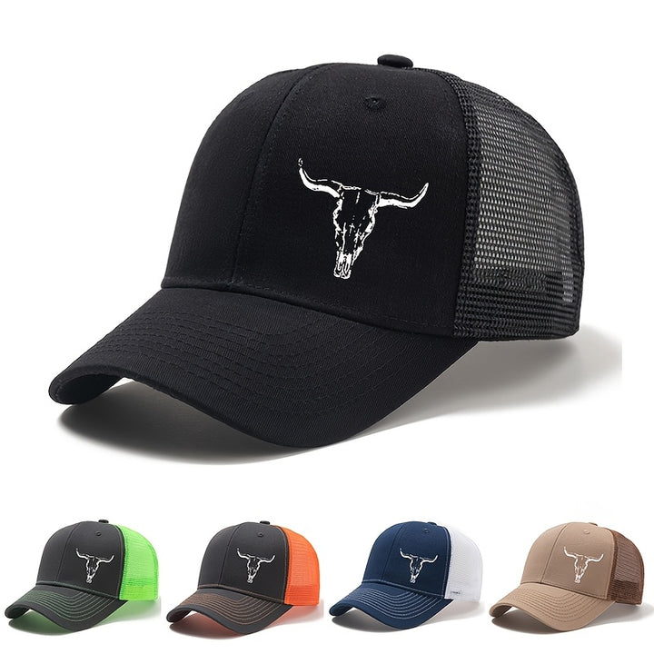 Gorra de béisbol para camionero, estilo vaquero occidental para hombre, con cuernos de toro y estampado de cowboy - Parte trasera de malla transpirable, cierre ajustable con visera, diseño estructurado de seis paneles, sombrero ligero para actividades al