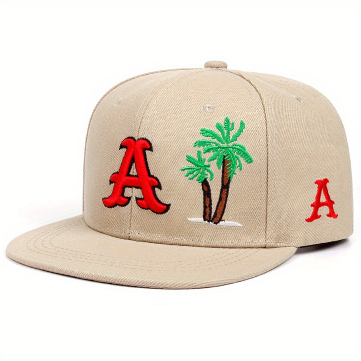 Gorra Snapback para Hombre con Diseño de Letra A y Palmera - Beige/Rojo//Verde/Marrón- Gorra Bordada Suave al Estilo Hip-Hop, Playa, Uso Diario - Sombrero Casual Todo Clima - Regalo Perfecto Día del Padre, Acción de Gracias o Carnaval - Iniciales Disponib
