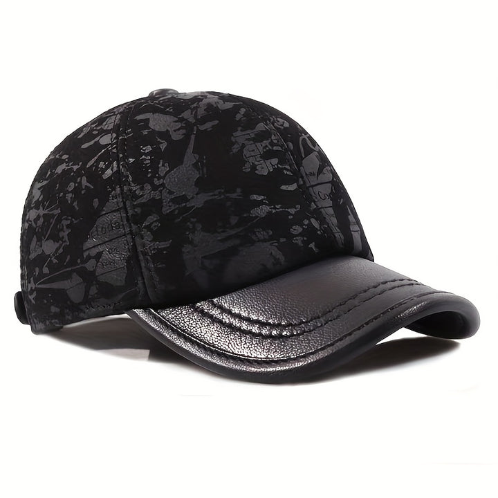 Gorra de béisbol de cuero auténtico unisex - Estilo británico funky con diseño grabado, patrón de camuflaje negro y blanco, ajuste ajustable para hombres y mujeres, gorra deportiva casual, gorra de cuero.