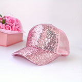 Gorra de béisbol con lentejuelas brillantes para niñas - Sombrero de sol de malla transpirable con cierre de snapback, diseño rosa pastel y dorado para actividades al aire libre de primavera/verano, salidas informales y fiestas, accesorios para la cabeza,