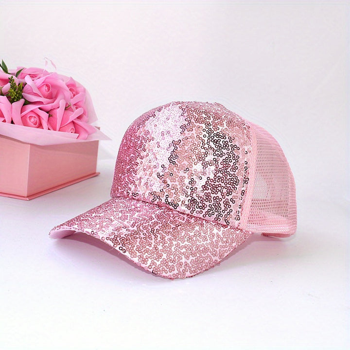 Gorra de béisbol con lentejuelas brillantes para niñas - Sombrero de sol de malla transpirable con cierre de snapback, diseño rosa pastel y dorado para actividades al aire libre de primavera/verano, salidas informales y fiestas, accesorios para la cabeza,