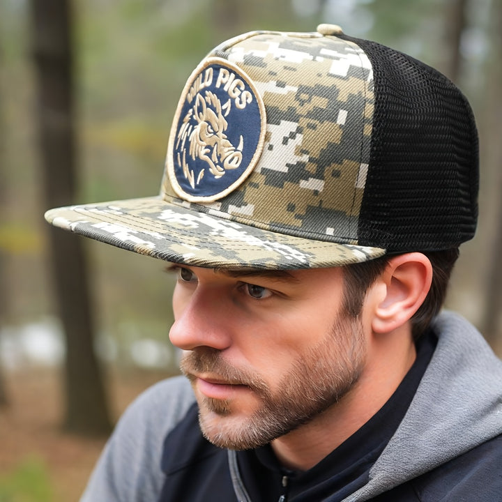 Gorra de camuflaje con bordado Wild Plg - Espalda de malla transpirable, ajuste ajustable, negro con patrón de camuflaje, estilo hip-hop de ropa de calle, perfecta para el Día de la Independencia y atuendos casuales, gorra casual | Diseño de camuflaje | G